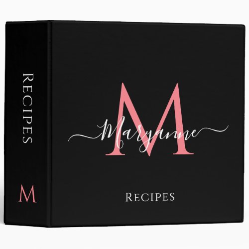 Girly Pink Personalized Monogram Black Recipes 3 Ring Binder