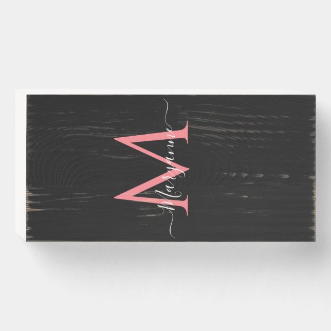 Girly Pink Personalized Monogram Black  Wooden Box Sign (Front Horizontal)