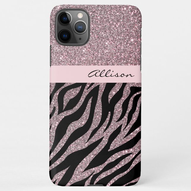 Girly Pink Personalized Name Zebra Print Rose Gold iPhone Case (Back)
