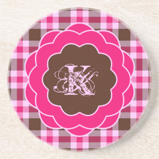 Girly Pink Plaid Monogram Scalloped Frame Coaster