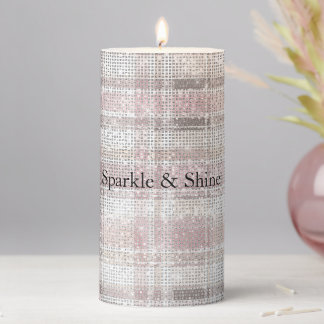 Girly Pink Plaid Stripes Sparkle Pillar Candle