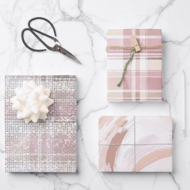 Girly Pink Plaid Stripes Sparkle Wrapping Paper Sheets (Front)
