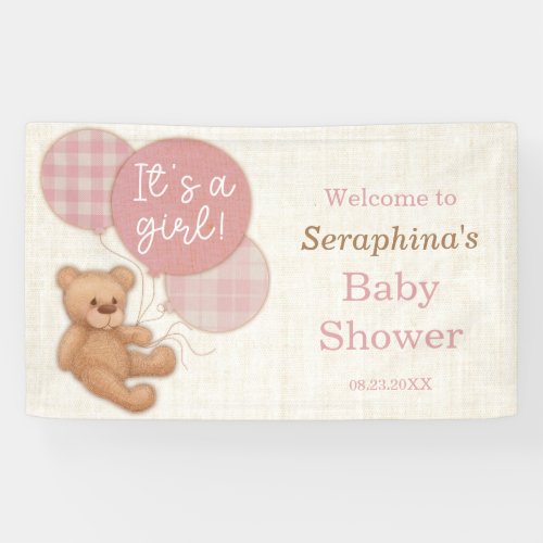 Girly Pink Plaid Teddy Bear Baby Shower Banner