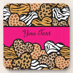 Girly Pink Playful Animal Print Hearts Name Beverage Coaster