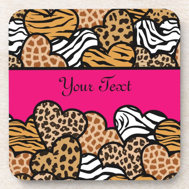 Girly Pink Playful Animal Print Hearts Name  Beverage Coaster (Front)