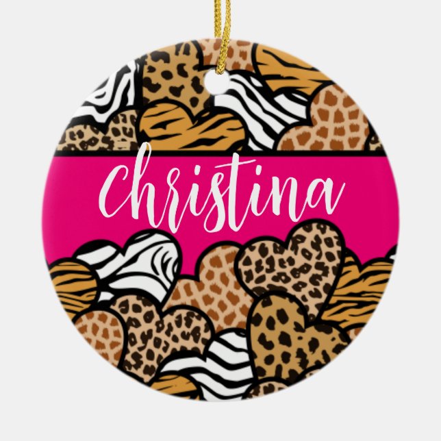 Girly Pink Playful Animal Print Hearts Name  Ceramic Ornament (Front)