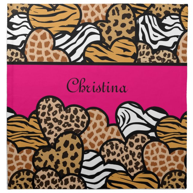 Girly Pink Playful Animal Print Hearts Name  Cloth Napkin (Front)