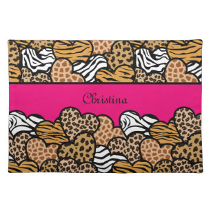 Girly Pink Playful Animal Print Hearts Name Cloth Placemat