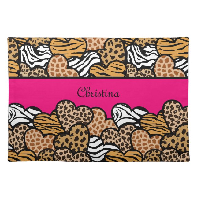 Girly Pink Playful Animal Print Hearts Name  Cloth Placemat (Front)