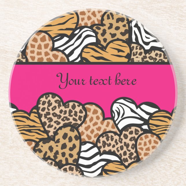 Girly Pink Playful Animal Print Hearts Name  Coaster (Front)