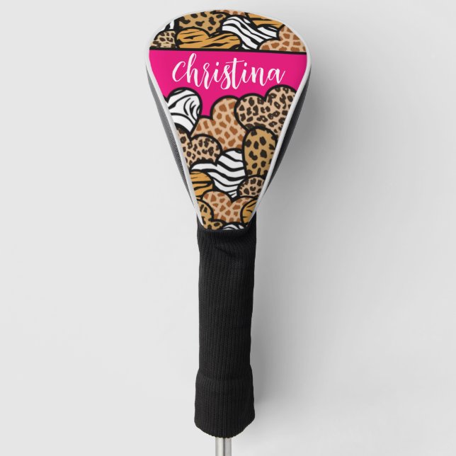 Girly Pink Playful Animal Print Hearts Name  Golf Head Cover (Front)