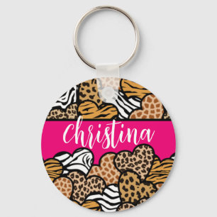 Girly Pink Playful Animal Print Hearts Name Keychain