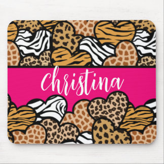 Girly Pink Playful Animal Print Hearts Name Mouse Pad