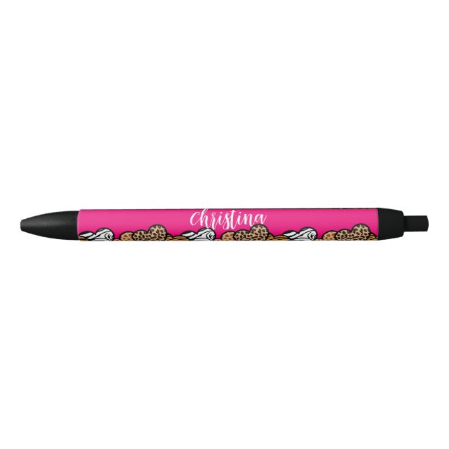 Girly Pink Playful Animal Print Hearts Name  Pen (Front)