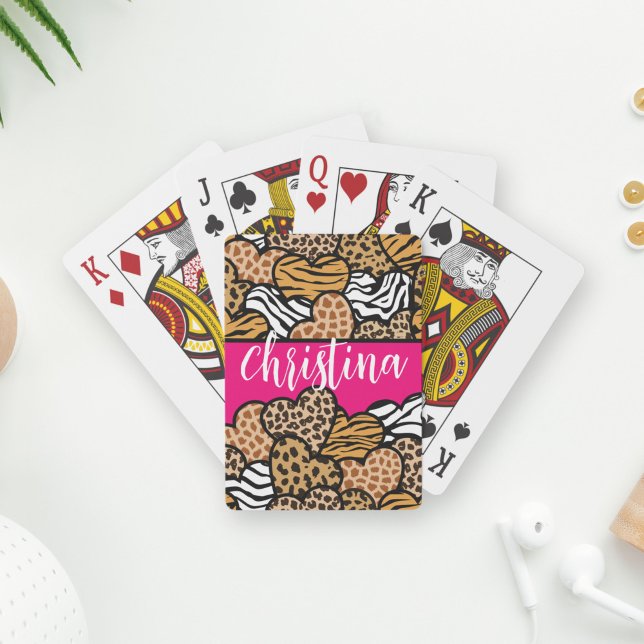 Girly Pink Playful Animal Print Hearts Name  Poker Cards (Creator Uploaded)