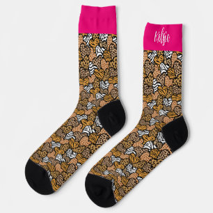 Girly Pink Playful Animal Print Hearts Name Socks
