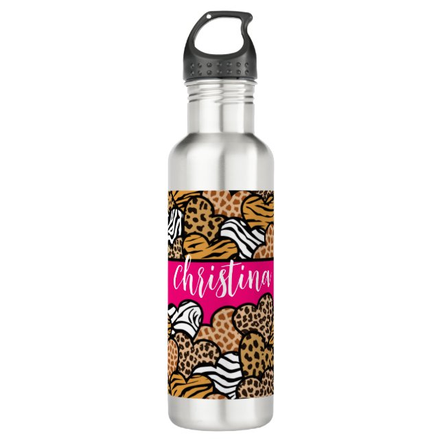 Girly Pink Playful Animal Print Hearts Name  Stainless Steel Water Bottle (Front)