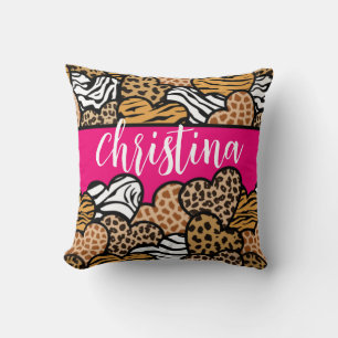 Girly Pink Playful Animal Print Hearts Name Throw Pillow