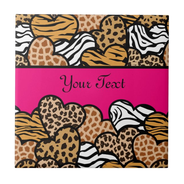Girly Pink Playful Animal Print Hearts Name  Tile (Front)