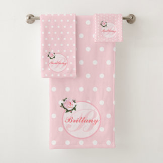 Girly Pink Polka Dot Flower Monogram Bath Towel Se