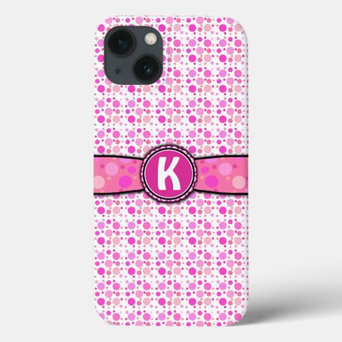 Girly Pink Polka Dot Monogram Pattern iPhone 13 Case