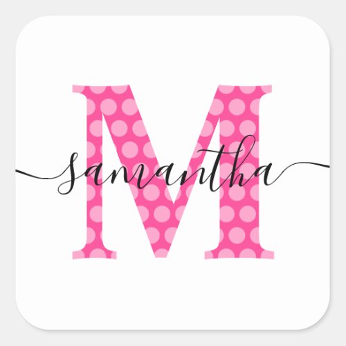 Girly Pink Polka Dot Monogram Square Sticker