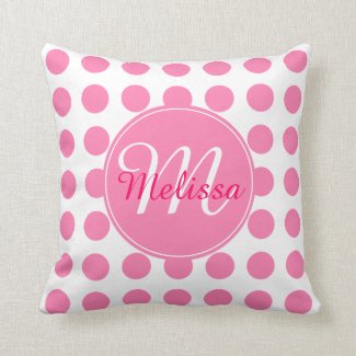Girly Pink Polka Dot Script Monogram Throw Pillow