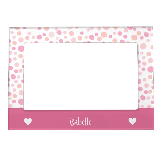 Girly Pink Polka Dots Hearts Personalized Magnetic Photo Frame (Front)