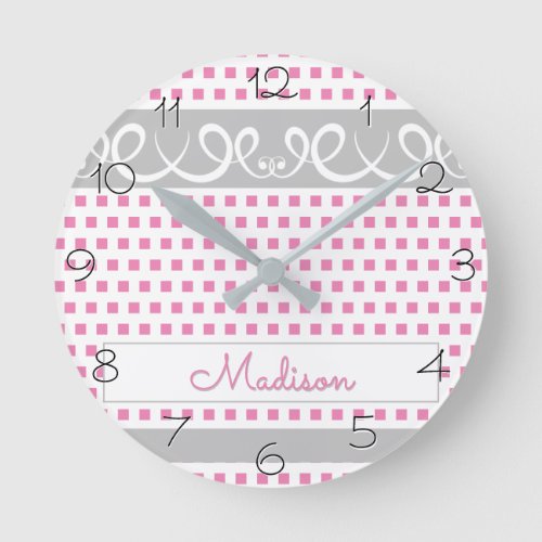 Girly Pink Polka Dots with Swirls and Name Round Clock