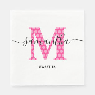 Girly Pink Polka Dotted Monogram Sweet 16 Napkins