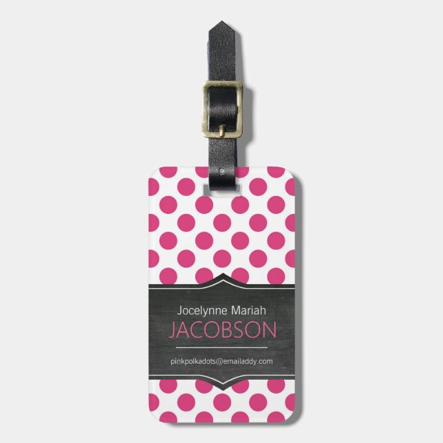 Girly Pink Polkadots Chalkboard Personalized Luggage Tag (Front Vertical)