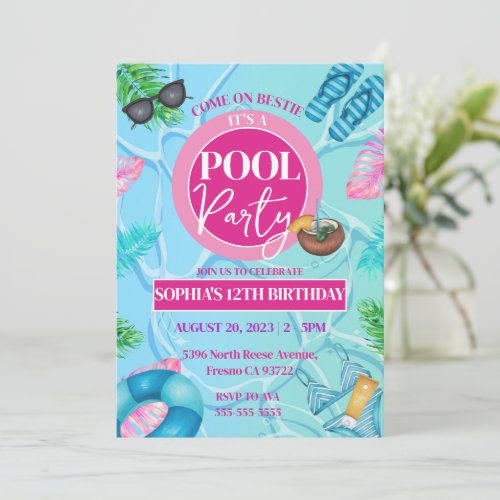 Girly Pink Pool Party Tropical Birthday Girl Invitation