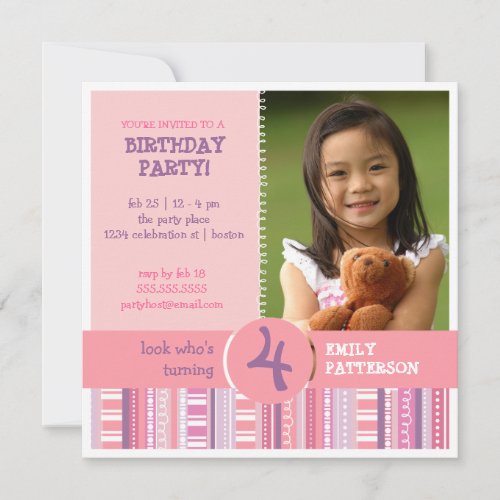 Girly Pink Purple Age Number Birthday Party Announcement