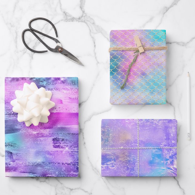 Girly Pink Purple Aqua Glitzy Mermaid Stripes Wrapping Paper Sheets (Front)
