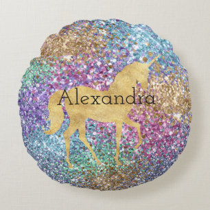 Girly Pink Purple Aqua Mint Gold Unicorn Sparkle Round Pillow