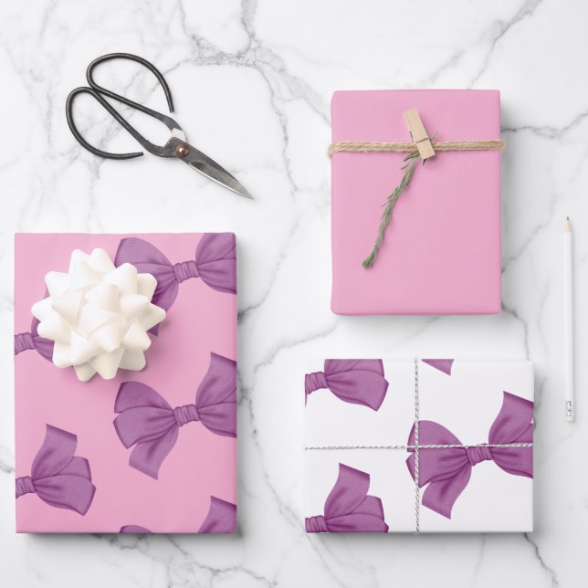 Girly Pink Purple Bow Birthday Wrapping Paper Sheets (Front)
