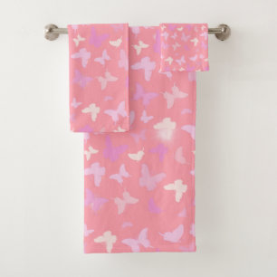 Girly Pink Purple Butterflies And Stars Seamless  Bath Towel Set