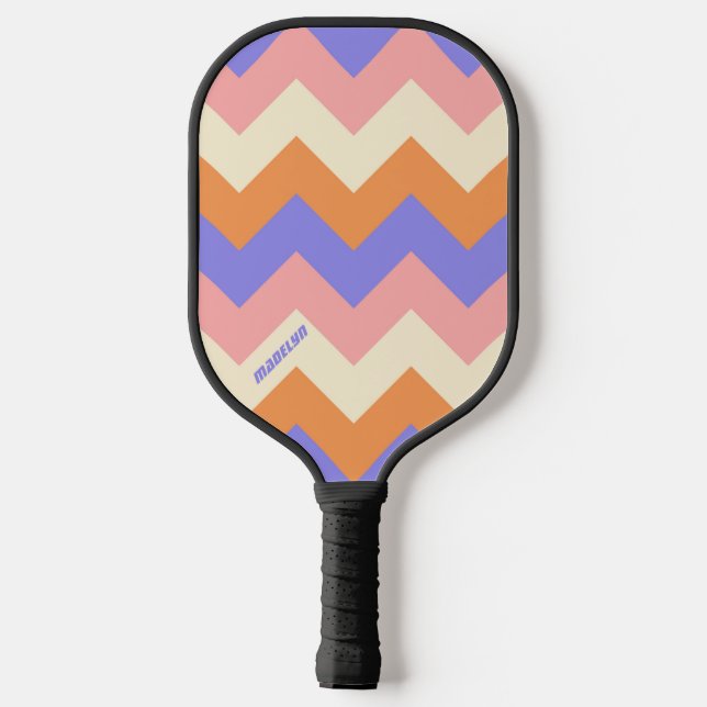 Girly Pink Purple Chevron Pattern Custom Name Carbon Fiber Pickleball Paddle (Back)