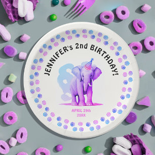 Girly Pink Purple Elephant Cub Jungle Animal Paint Paper Plates