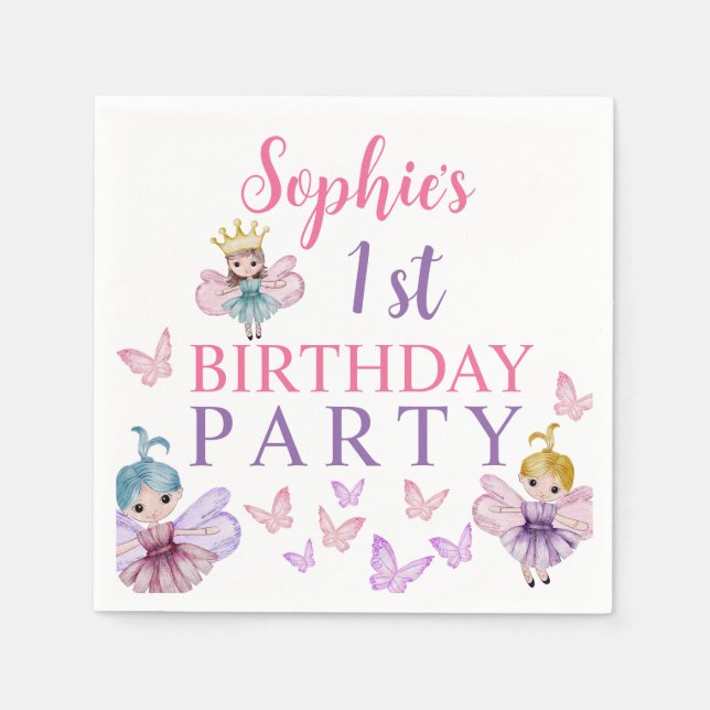 Girly Pink & Purple Fairy Princess Birthday Napkins (Front)