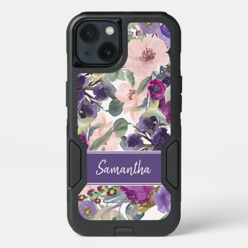 Girly Pink Purple Flowers Sage Green Leaves Name iPhone 13 Case