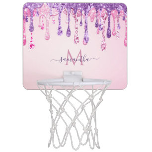 Girly Pink Purple Glitter Dripping Custom Monogram Mini Basketball Hoop