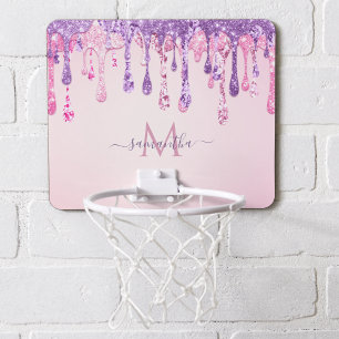 Girly Pink Purple Glitter Dripping Custom Monogram Mini Basketball Hoop