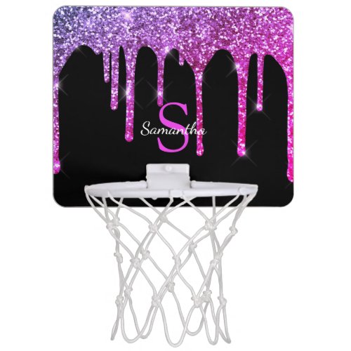 Girly Pink Purple Glitter Drips Sparkle Monogram Mini Basketball Hoop