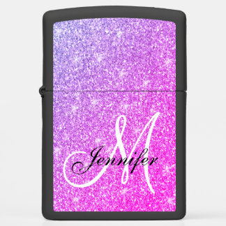 Girly Pink Purple Glitter Elegant Monogram Name Zippo Lighter