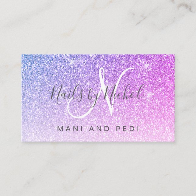 Girly Pink Purple Glitter Mani Pedi Nail Salon Business Card (Front)