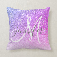 Girly Pink Purple Glitter Monogram Name Throw Pillow