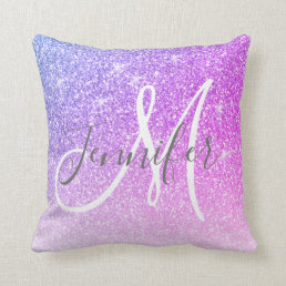 Girly Pink Purple Glitter Monogram Name Throw Pillow