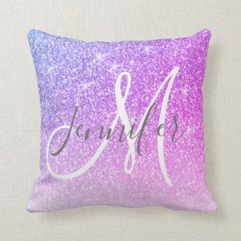 Girly Pink Purple Glitter Monogram Name Throw Pillow by epclarke at Zazzle