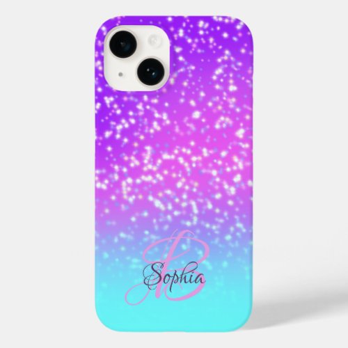 Girly Pink  Purple Glitter Name Monogram Case_Mate iPhone 14 Case